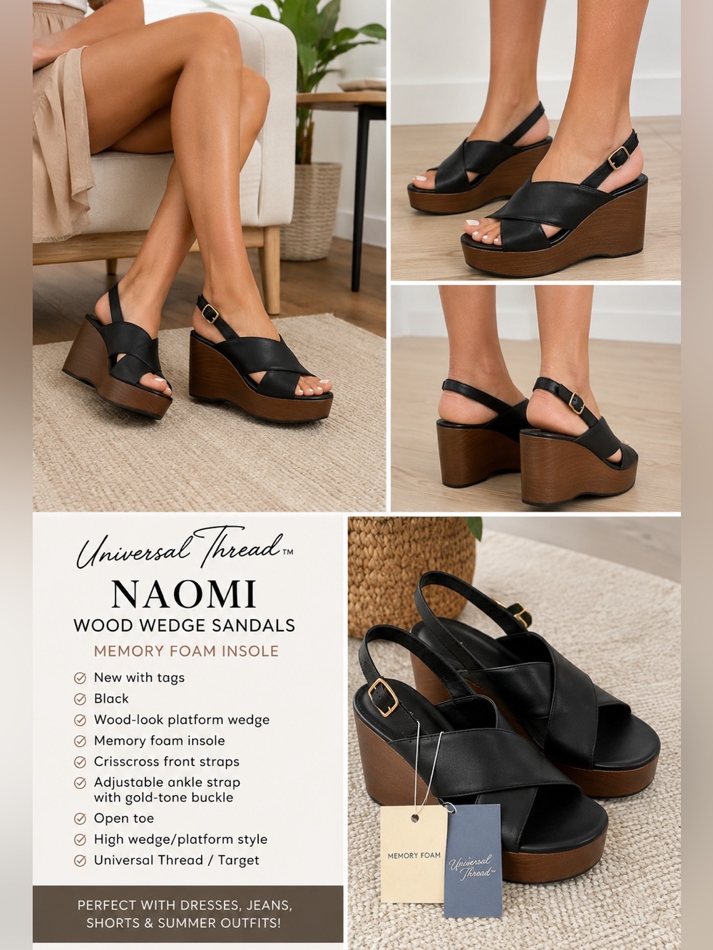 Universal Thread Women's Naomi Black Wood Wedge Heels Memory Foam Insole